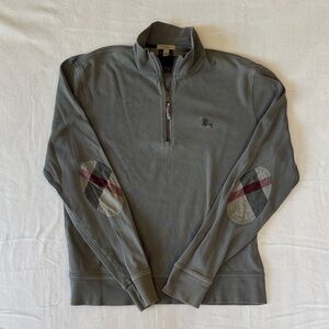 Burberry Men's Gray Half-Zip Sweatshirt with Plaid Elbow Patches